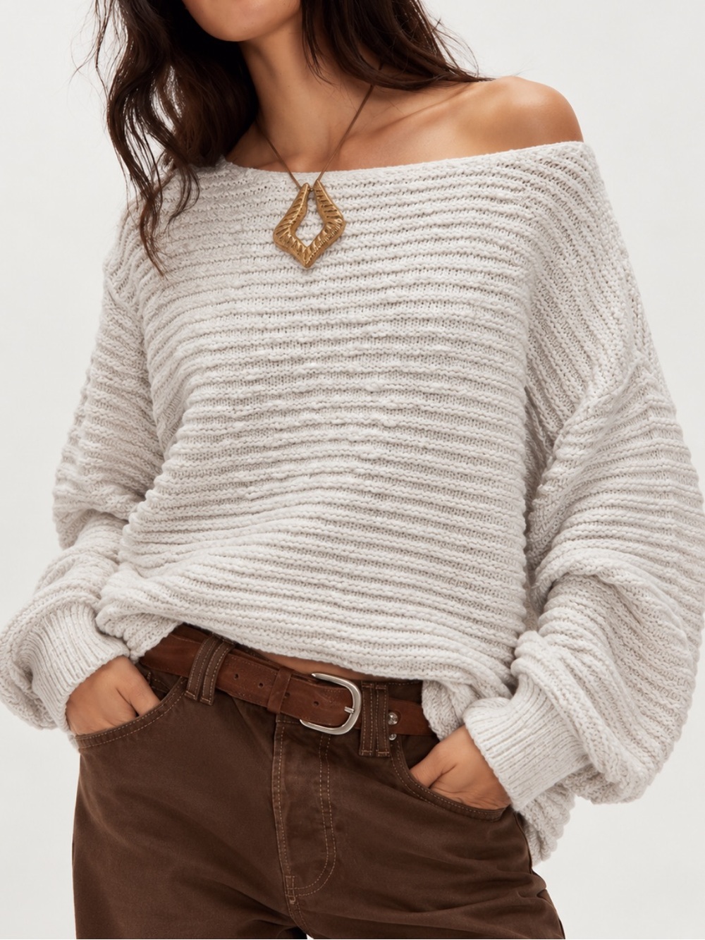 Free People White Off Shoulder Textured Knit Oversized Sweater Boho Slouchy